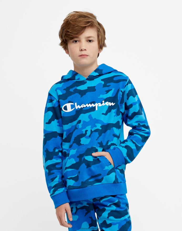 Champion stor hættetrøje til børn over hele camo print script logo V6J661822 bozetto blå camo