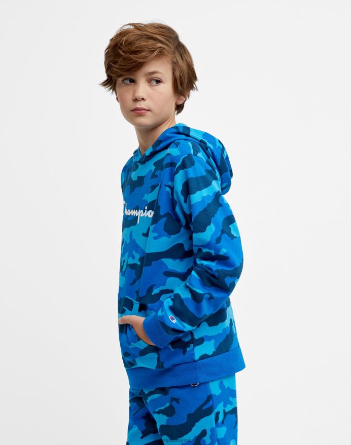Champion stor hættetrøje til børn over hele camo print script logo V6J661822 bozetto blå camo