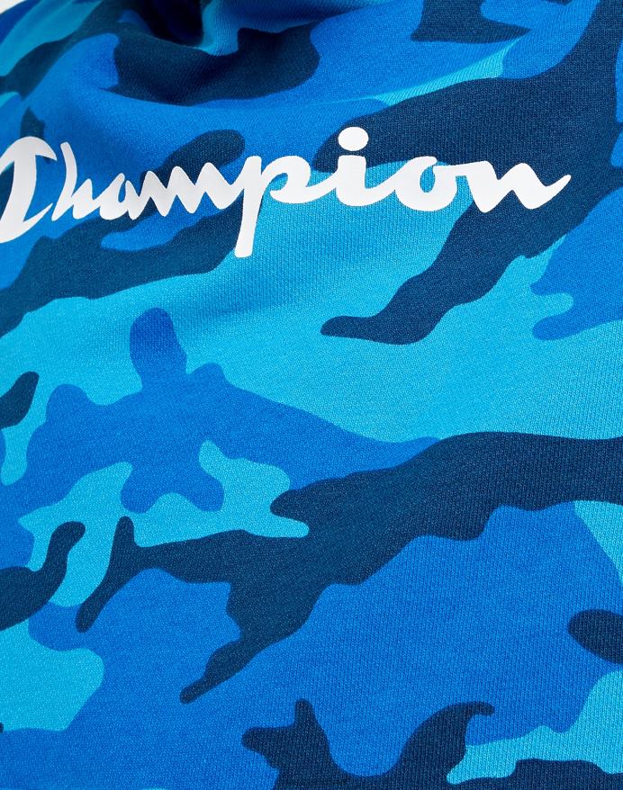 Champion stor hættetrøje til børn over hele camo print script logo V6J661822 bozetto blå camo