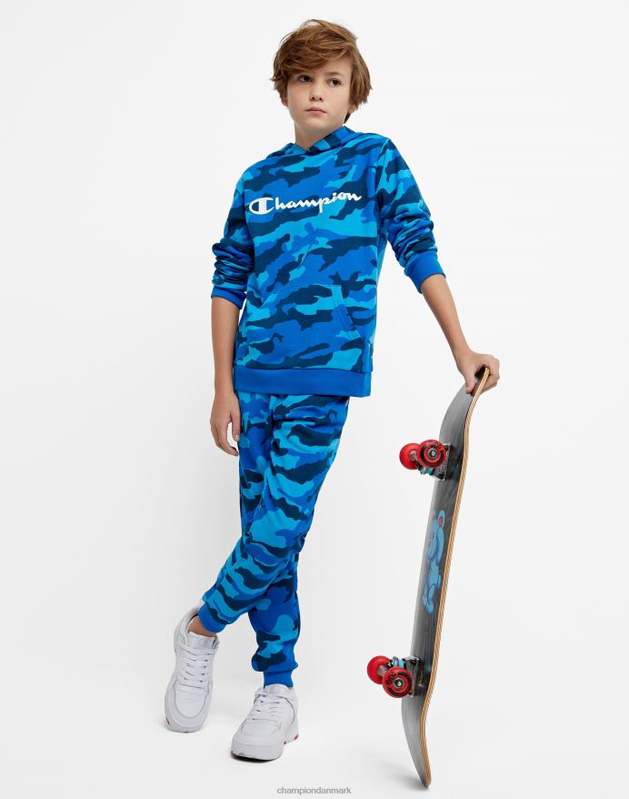 Champion stor hættetrøje til børn over hele camo print script logo V6J661822 bozetto blå camo