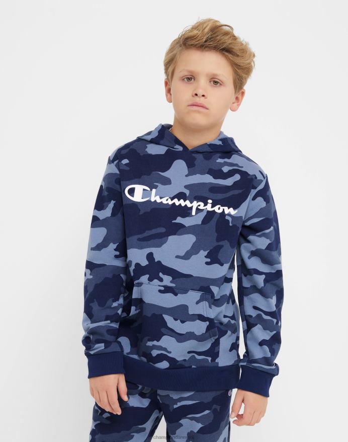 Champion stor hættetrøje til børn over hele camo print script logo V6J661823 marineblå camo