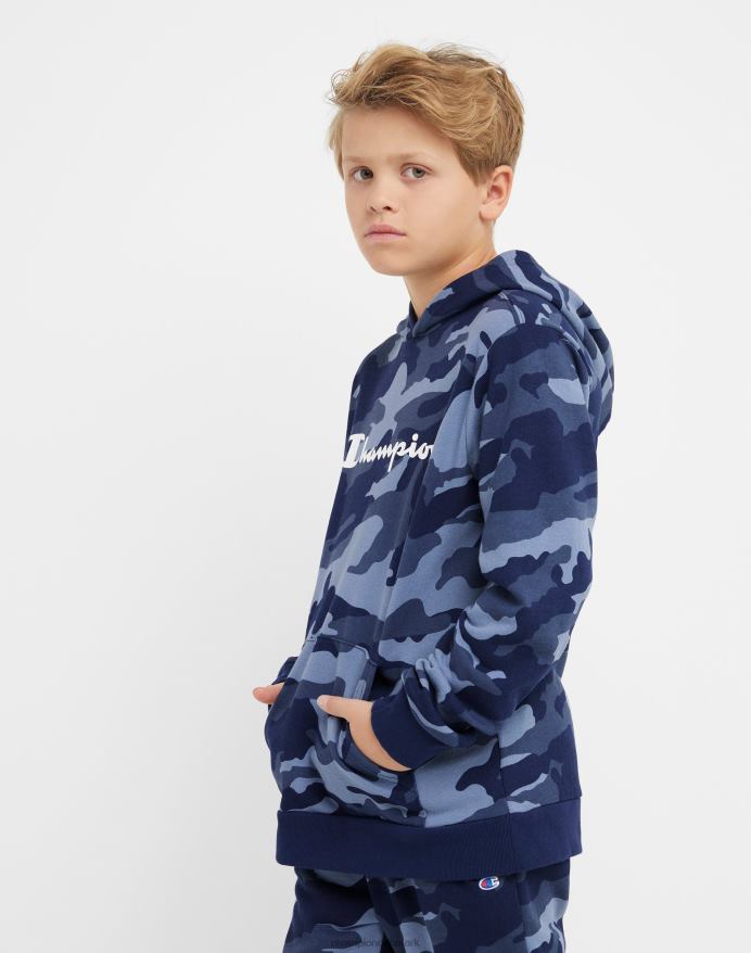 Champion stor hættetrøje til børn over hele camo print script logo V6J661823 marineblå camo