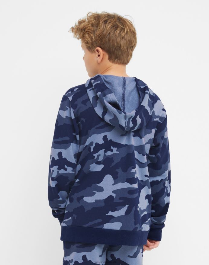 Champion stor hættetrøje til børn over hele camo print script logo V6J661823 marineblå camo