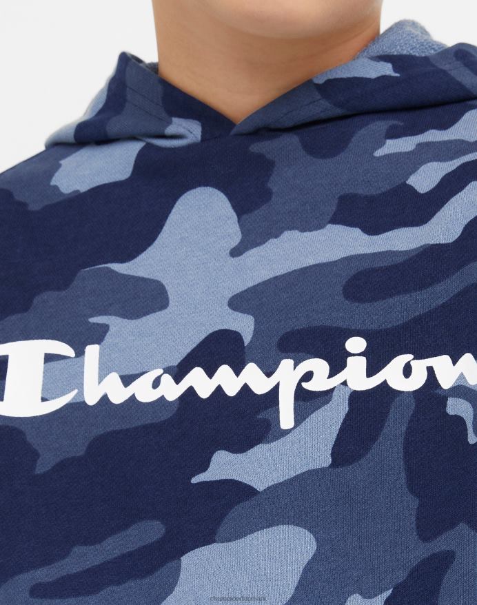 Champion stor hættetrøje til børn over hele camo print script logo V6J661823 marineblå camo