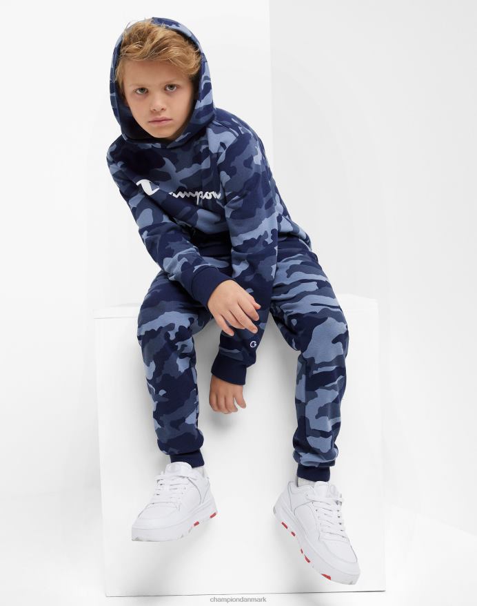 Champion stor hættetrøje til børn over hele camo print script logo V6J661823 marineblå camo