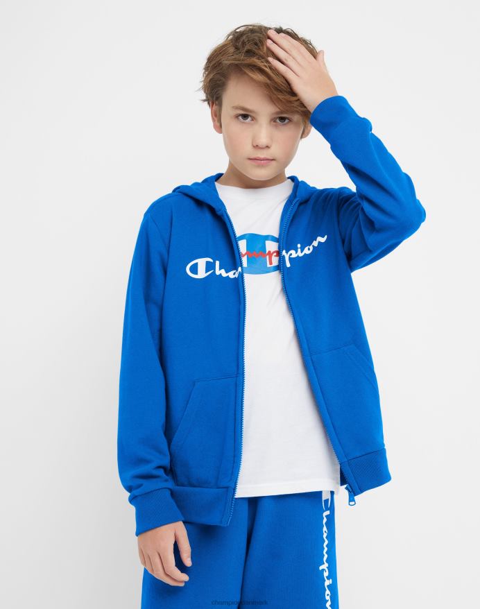 Champion store børns fransk frotté hættetrøje med fuld lynlås til drenge klassisk script V6J661907 bozetto blå