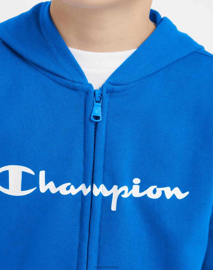 Champion store børns fransk frotté hættetrøje med fuld lynlås til drenge klassisk script V6J661907 bozetto blå