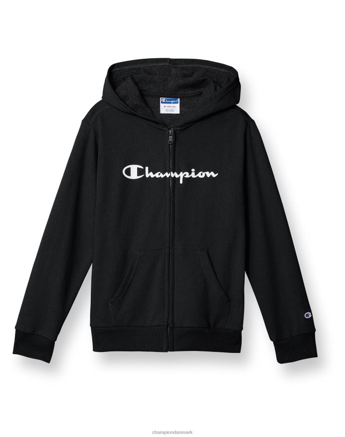 Champion store børns fransk frotté hættetrøje med fuld lynlås til drenge klassisk script V6J661908 sort