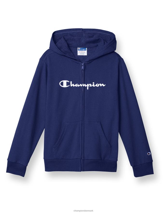 Champion store børns fransk frotté hættetrøje med fuld lynlås til drenge klassisk script V6J661910 atletisk flåde