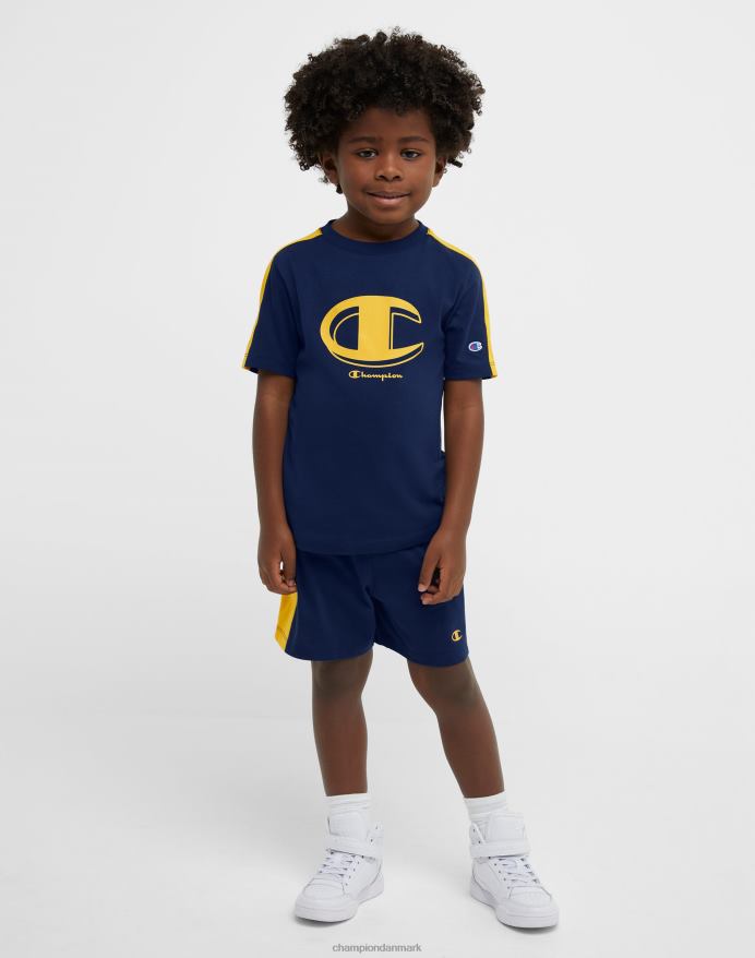 Champion små børns colorblock kortærmede t-shirt & shorts 2-delt sæt V6J661841 marine/hold guld