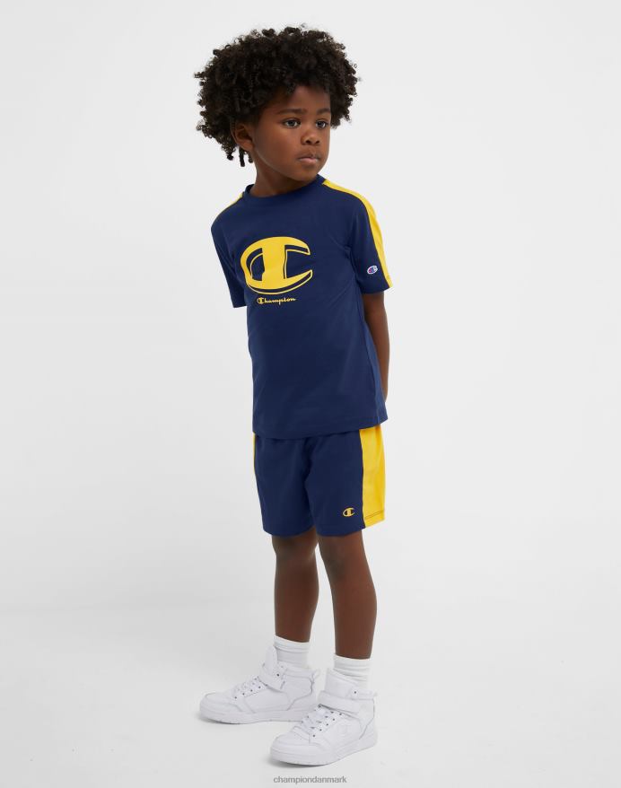Champion små børns colorblock kortærmede t-shirt & shorts 2-delt sæt V6J661841 marine/hold guld