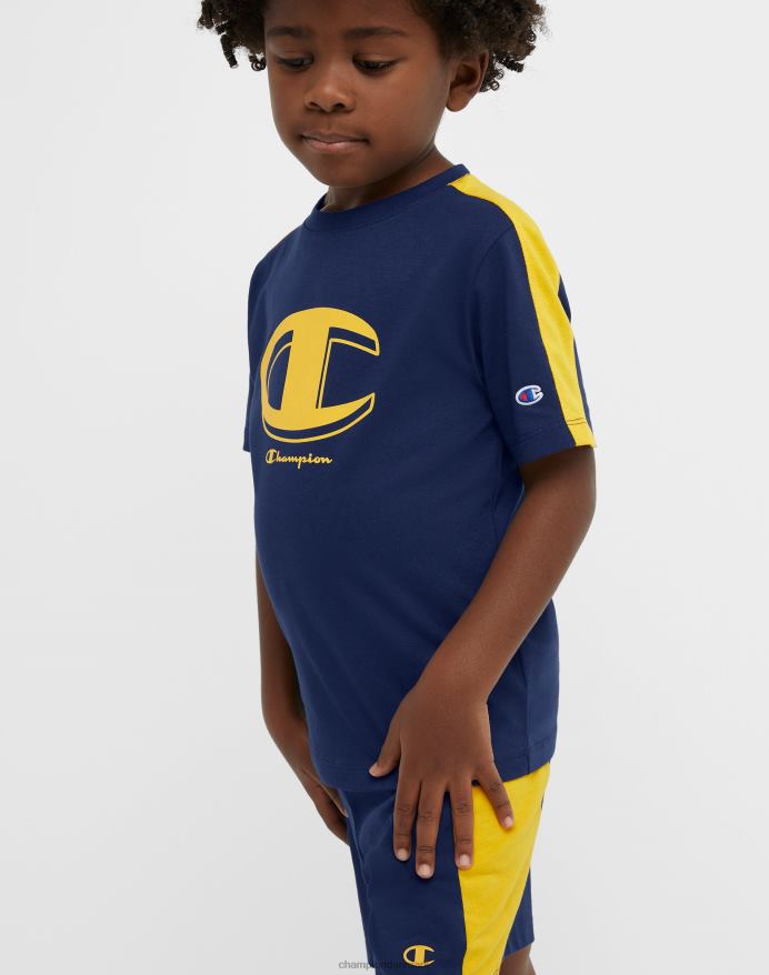 Champion små børns colorblock kortærmede t-shirt & shorts 2-delt sæt V6J661841 marine/hold guld
