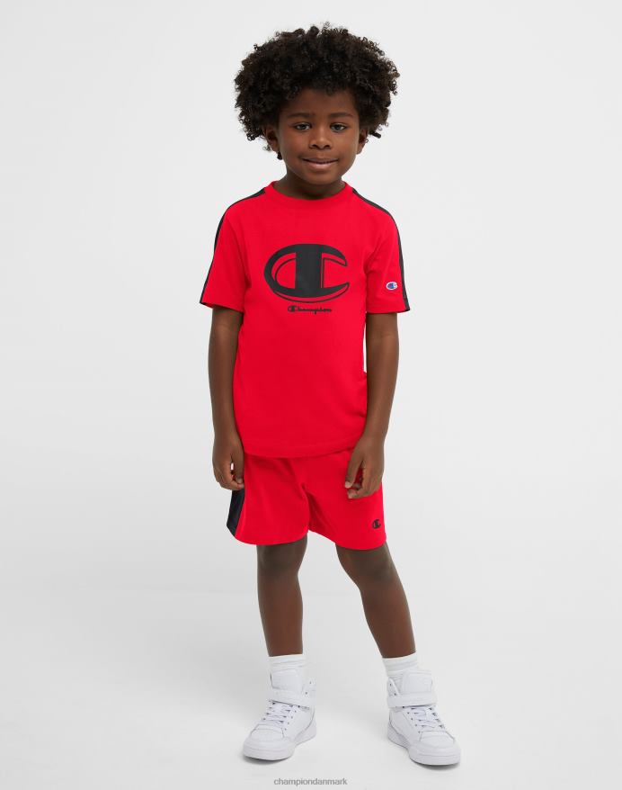 Champion små børns colorblock kortærmede t-shirt & shorts 2-delt sæt V6J661843 skarlagen/sort