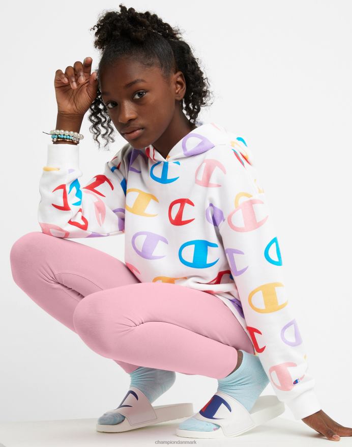 Champion store piger fransk frotté hættetrøje klassisk regnbue script med allover c print V6J661775 stor c aop hvid