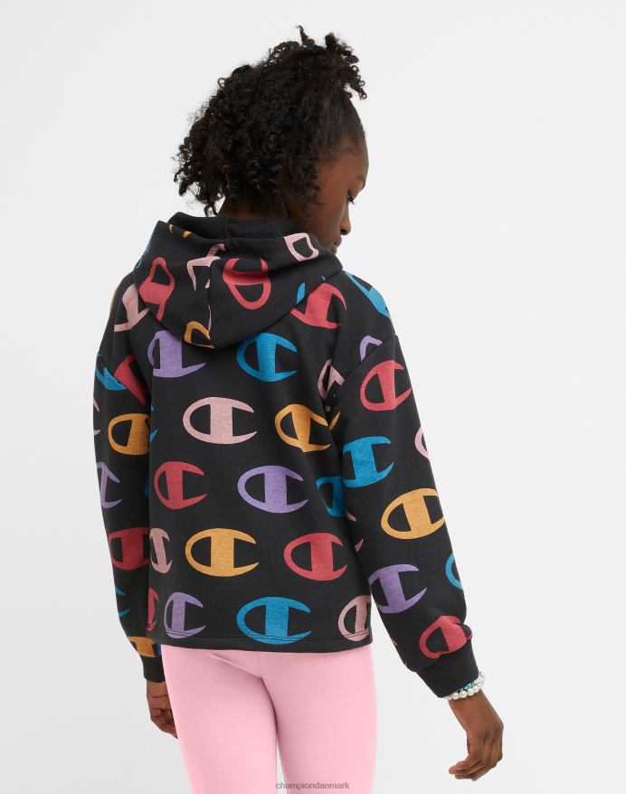 Champion store piger fransk frotté hættetrøje klassisk regnbue script med allover c print V6J661776 stor c aop sort