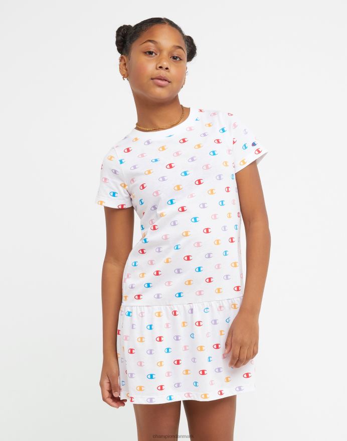 Champion store piger med flæskjole med print V6J661820 lille c aop hvid