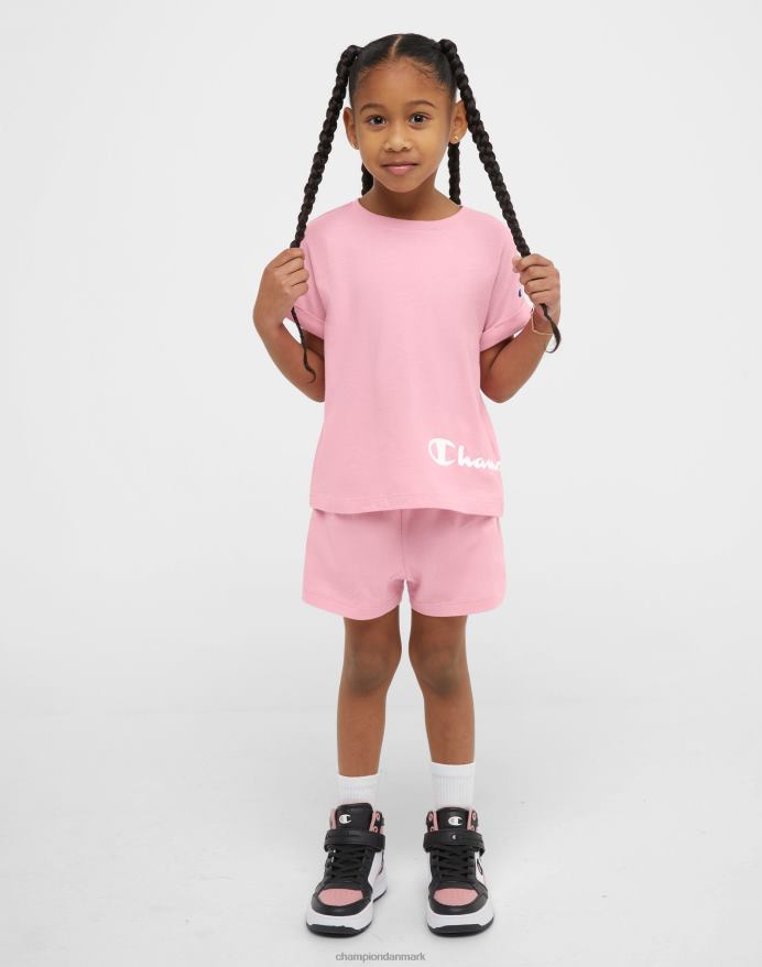 Champion klassiske t-shirts til små piger og træningsshorts sæt klassisk skrift V6J661784 gnist pink