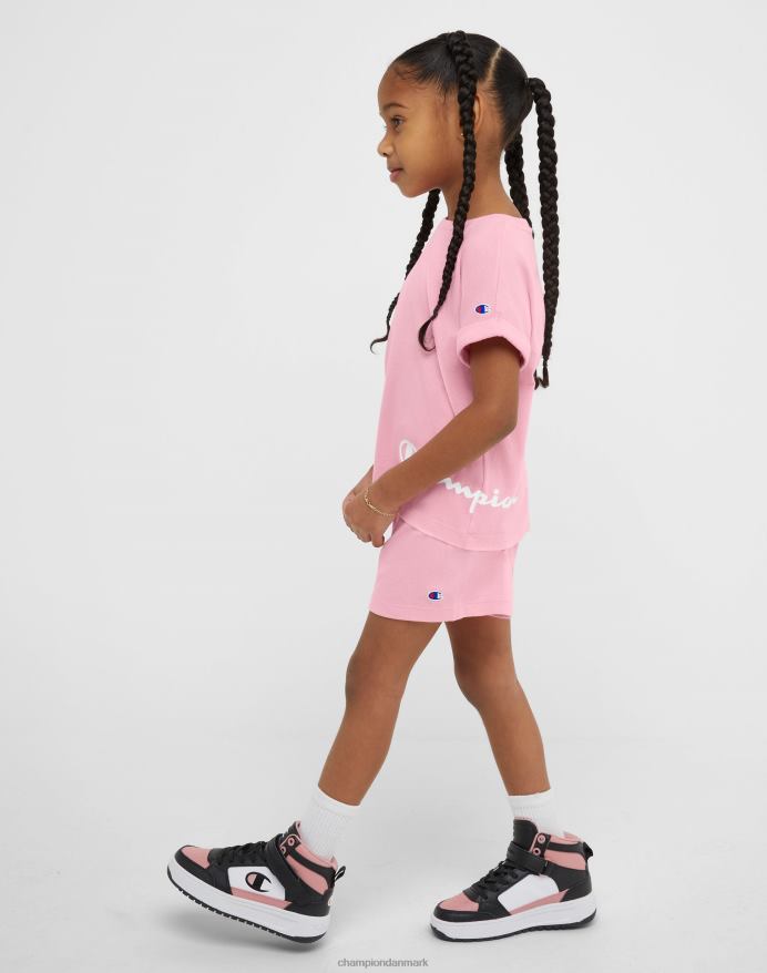 Champion klassiske t-shirts til små piger og træningsshorts sæt klassisk skrift V6J661784 gnist pink