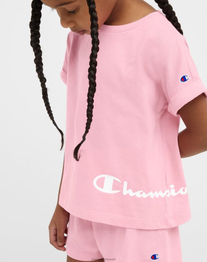 Champion klassiske t-shirts til små piger og træningsshorts sæt klassisk skrift V6J661784 gnist pink