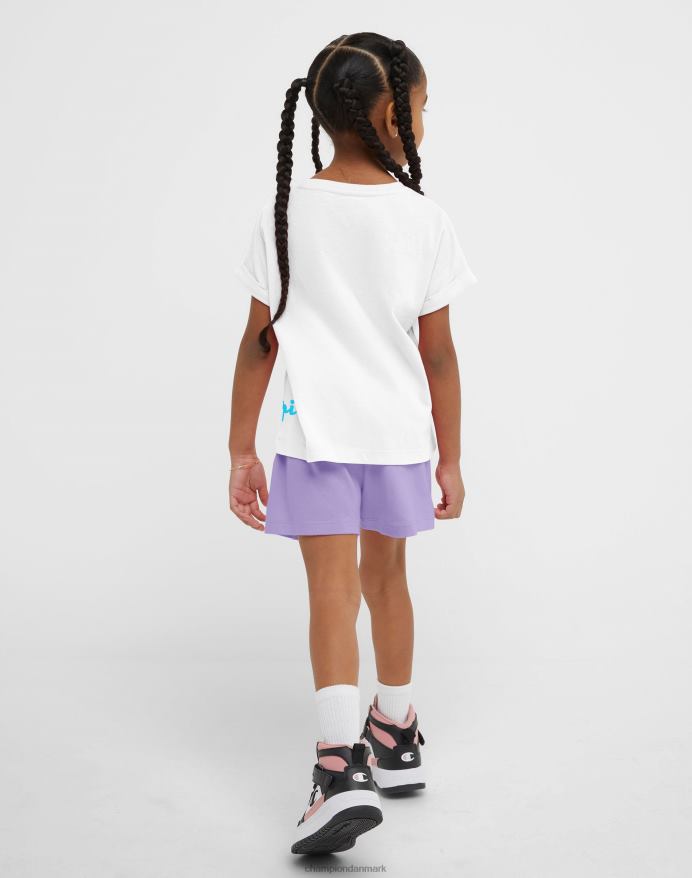 Champion klassiske t-shirts til små piger og træningsshorts sæt klassisk skrift V6J661785 hvid/salt lilla