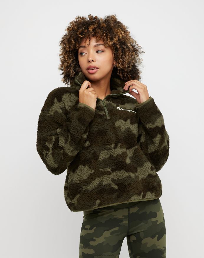 Champion hyggeligt broderet skriftlogo med kvart lynlås med høj luv V6J661054 camo ammunition fragt oliven
