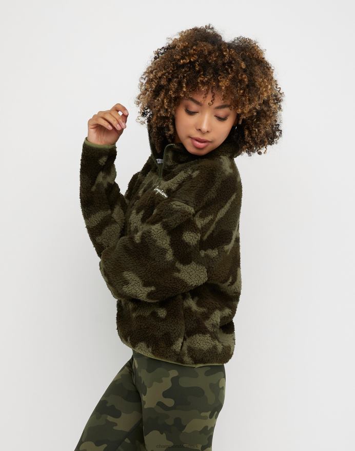 Champion hyggeligt broderet skriftlogo med kvart lynlås med høj luv V6J661054 camo ammunition fragt oliven