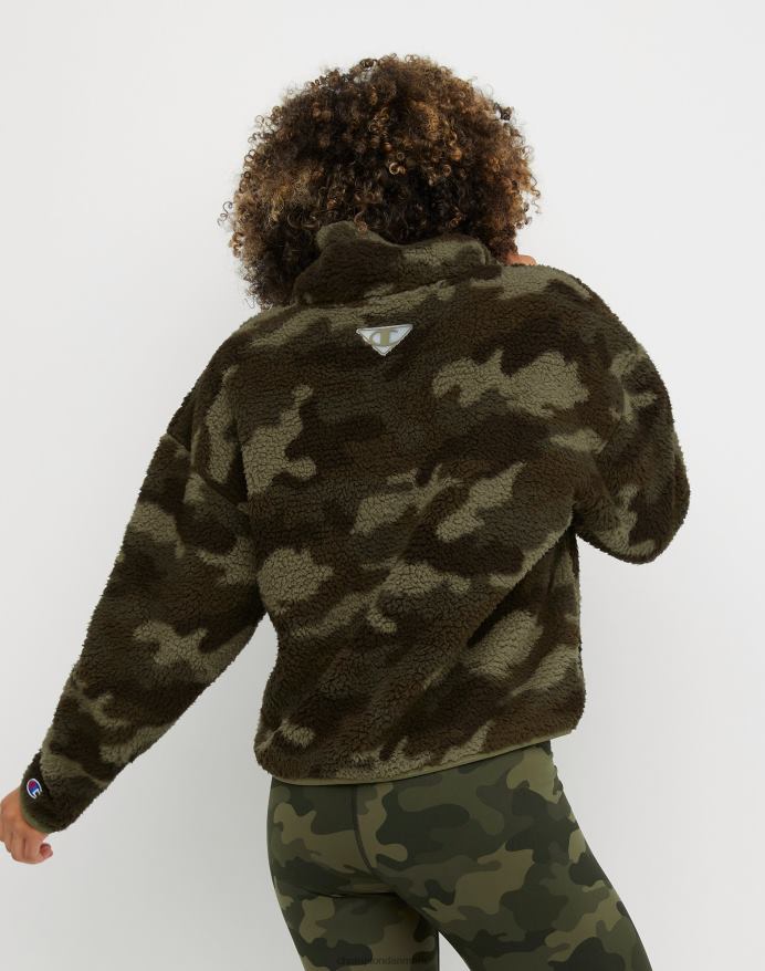 Champion hyggeligt broderet skriftlogo med kvart lynlås med høj luv V6J661054 camo ammunition fragt oliven
