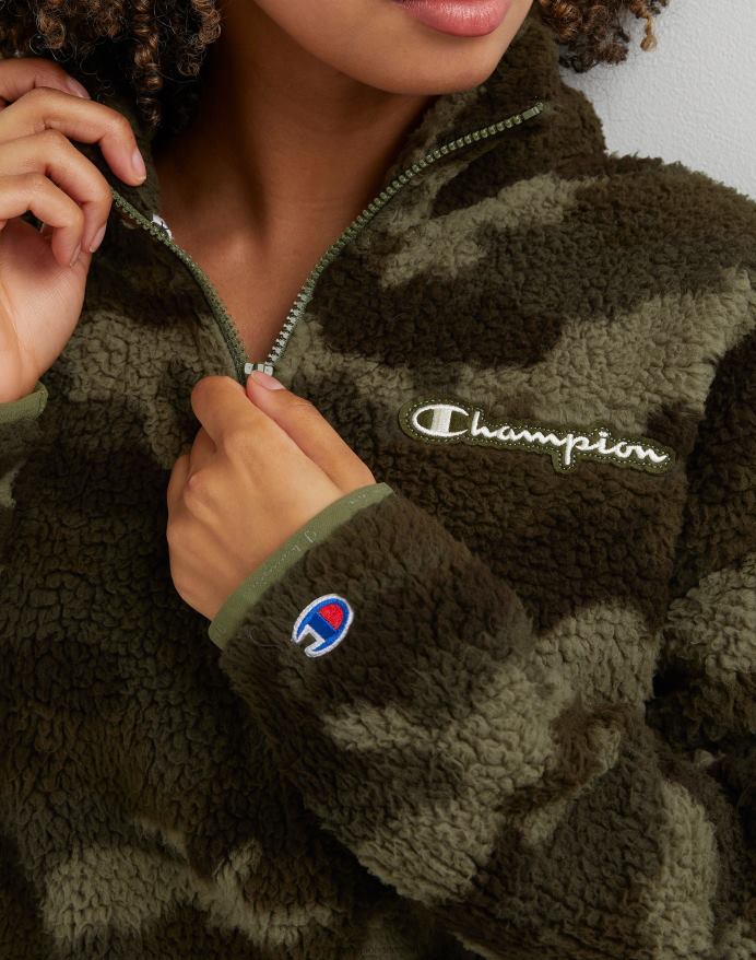 Champion hyggeligt broderet skriftlogo med kvart lynlås med høj luv V6J661054 camo ammunition fragt oliven