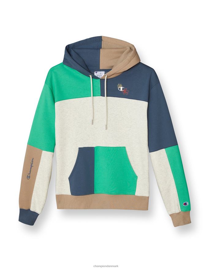 Champion klassisk fleece colorblock hættetrøje broderet c og blomster logo V6J661968 patchwork mørk kaki multi