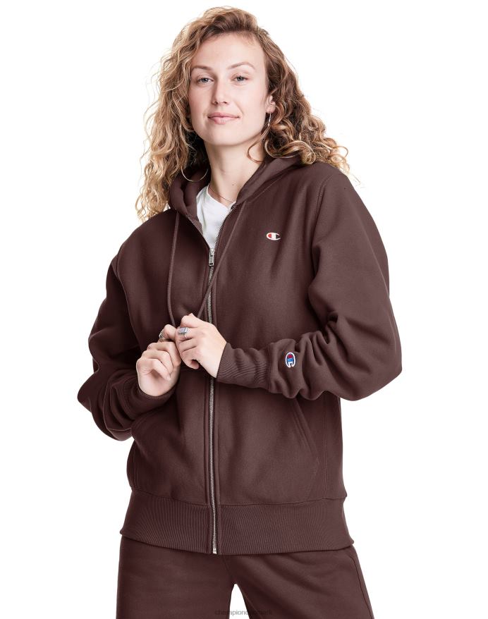 Champion omvendt vævet fuld lynlås kæreste hættetrøje c logo V6J66991 stentræ brun