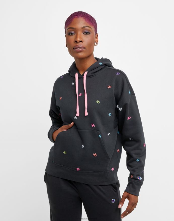 Champion powerblend fleece afslappet hættetrøje over hele print V6J661986 kastede c sort neon multi