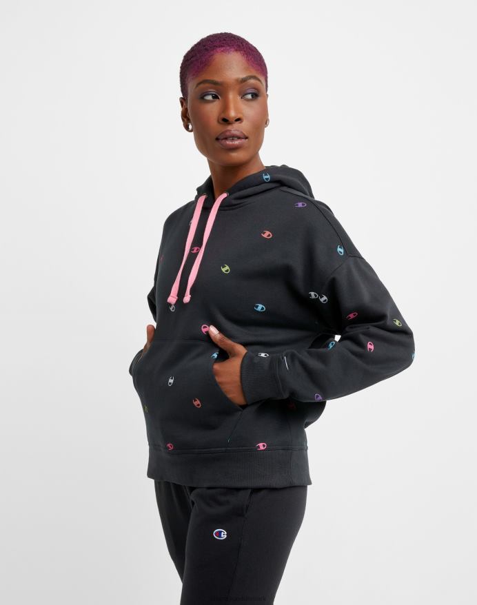 Champion powerblend fleece afslappet hættetrøje over hele print V6J661986 kastede c sort neon multi