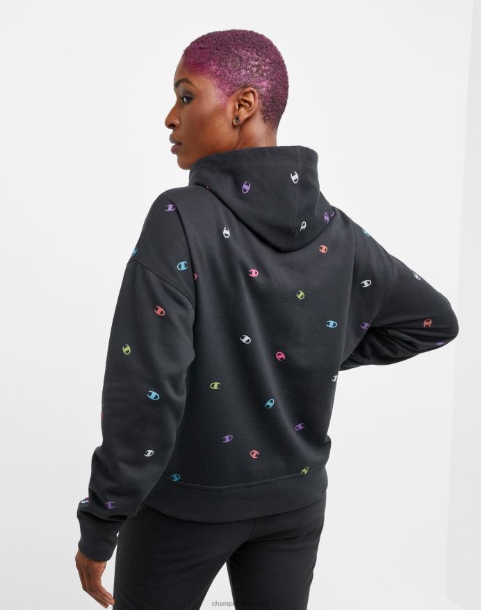 Champion powerblend fleece afslappet hættetrøje over hele print V6J661986 kastede c sort neon multi