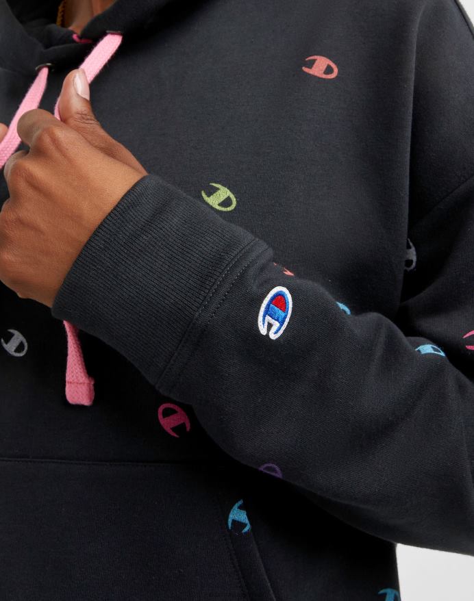 Champion powerblend fleece afslappet hættetrøje over hele print V6J661986 kastede c sort neon multi