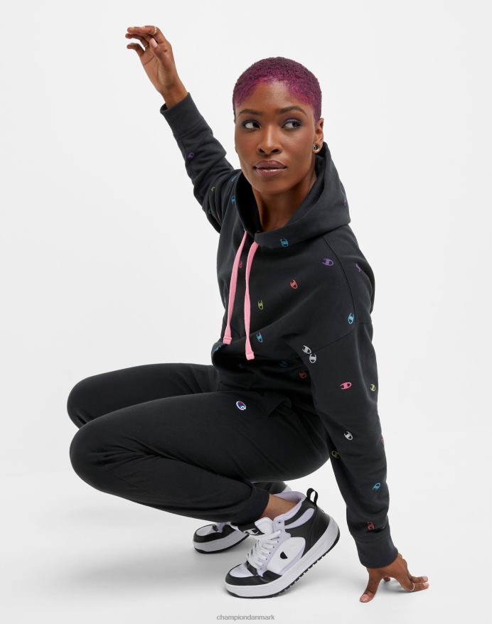 Champion powerblend fleece afslappet hættetrøje over hele print V6J661986 kastede c sort neon multi