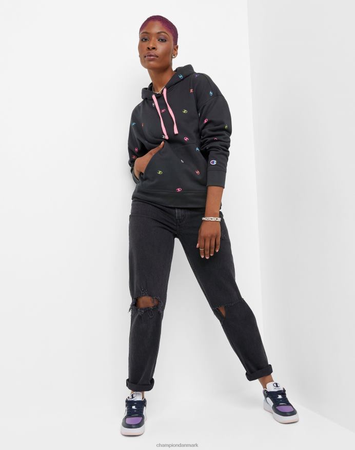 Champion powerblend fleece afslappet hættetrøje over hele print V6J661986 kastede c sort neon multi