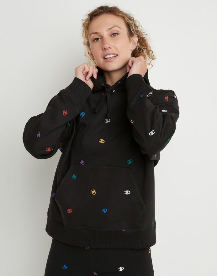 Champion powerblend fleece afslappet hættetrøje over hele print V6J661989 smidt c logo sort