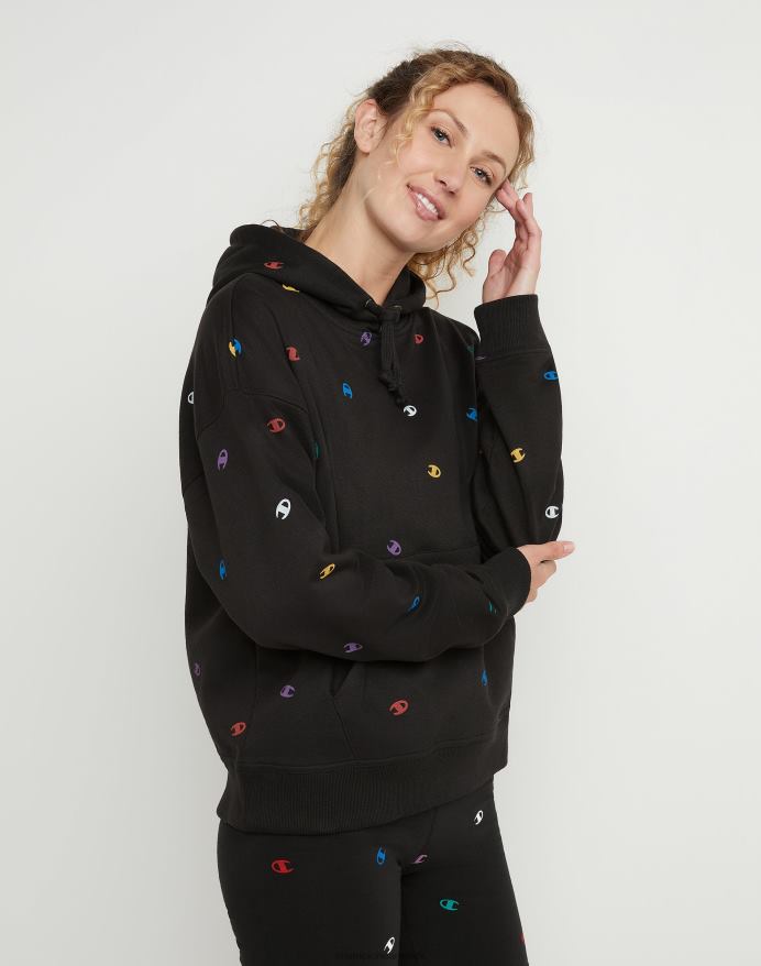 Champion powerblend fleece afslappet hættetrøje over hele print V6J661989 smidt c logo sort