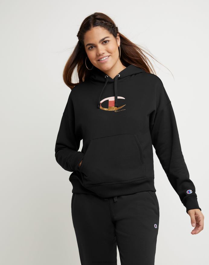 Champion powerblend fleece hættetrøje colorblock folie & high density c logo V6J661957 sort