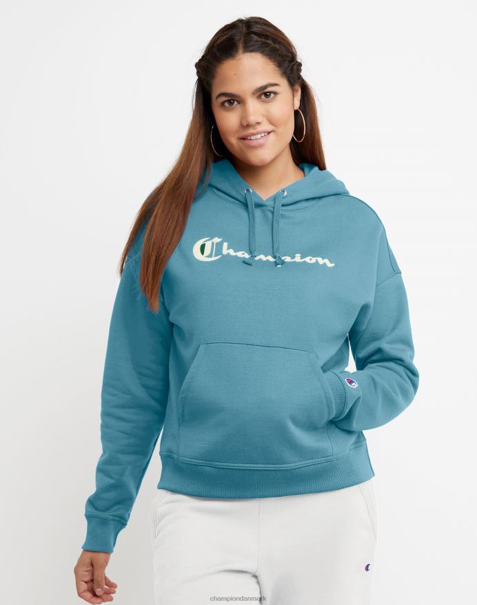 Champion powerblend fleece hættetrøje gammelt engelsk c plus script logo V6J661972 aqua tonic