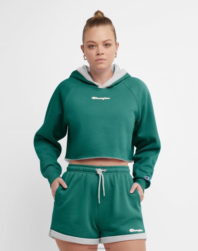 Champion vendbar klassisk fleece cropped hættetrøje script logo V6J661031 everglade grøn/kridhvid