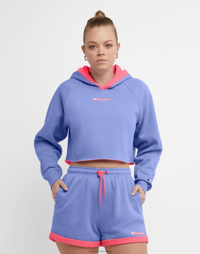 Champion vendbar klassisk fleece cropped hættetrøje script logo V6J661033 charmerende blå/glad pink