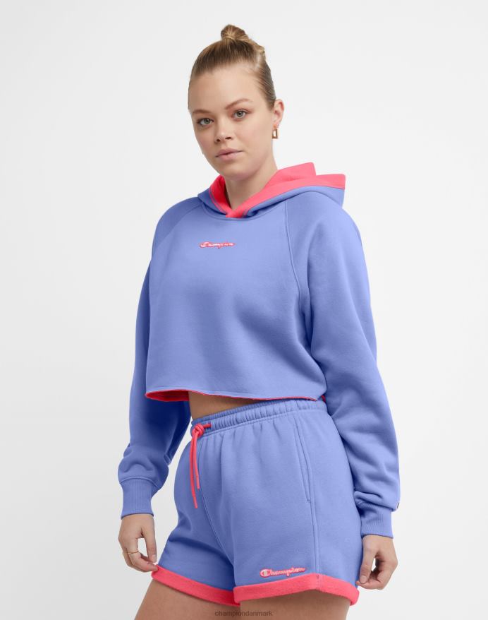 Champion vendbar klassisk fleece cropped hættetrøje script logo V6J661033 charmerende blå/glad pink