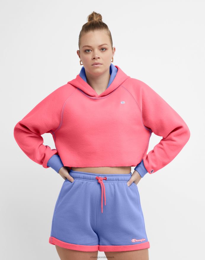 Champion vendbar klassisk fleece cropped hættetrøje script logo V6J661033 charmerende blå/glad pink