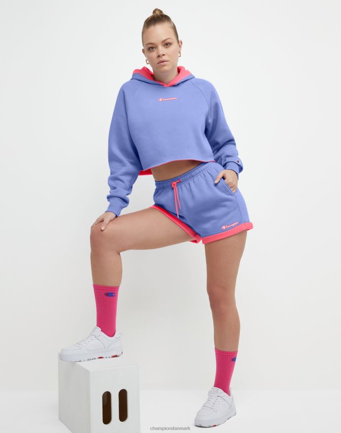 Champion vendbar klassisk fleece cropped hættetrøje script logo V6J661033 charmerende blå/glad pink