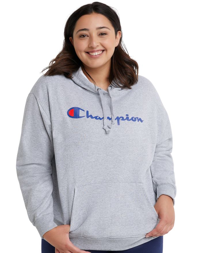 Champion plus powerblend fleece hættetrøje script logo V6J661641 oxford grå