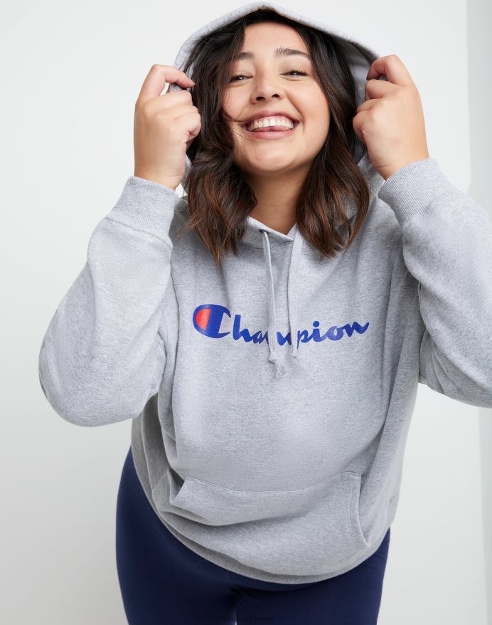 Champion plus powerblend fleece hættetrøje script logo V6J661641 oxford grå