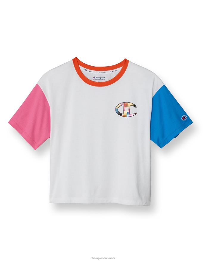 Champion colorblock cropped tee multi-stripe c-logo V6J662042 hvid/persimmon orange
