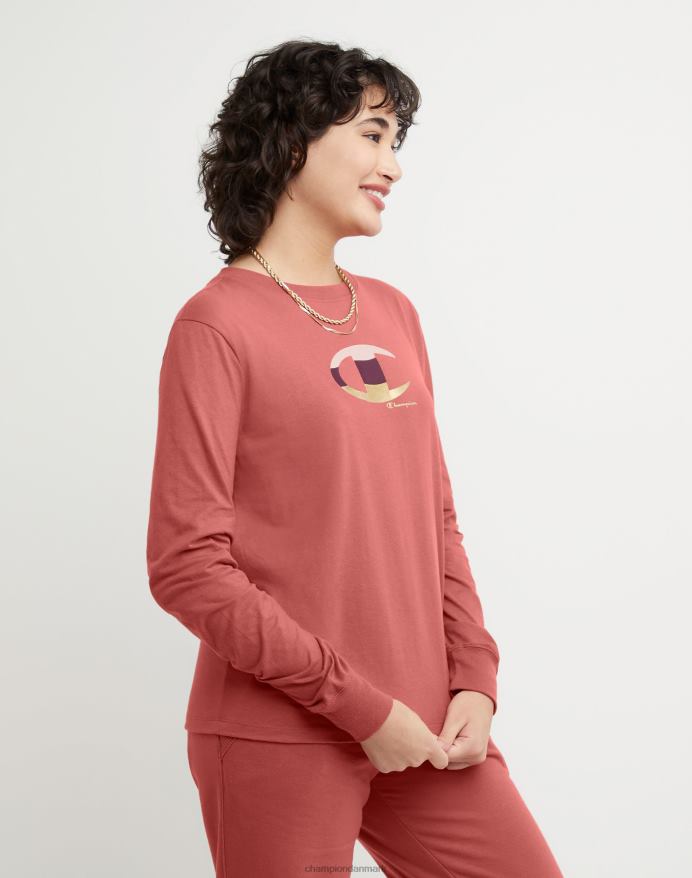 Champion klassisk langærmet t-shirt colorblock folie & high density c logo V6J662039 sandeltræ rød
