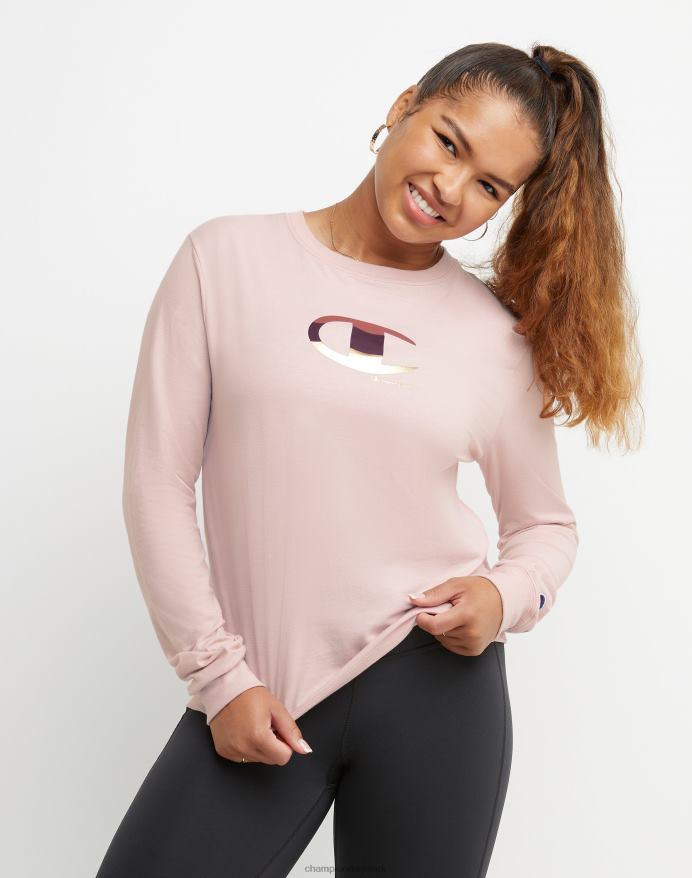 Champion klassisk langærmet t-shirt colorblock folie & high density c logo V6J662041 gennemsigtig lyserød